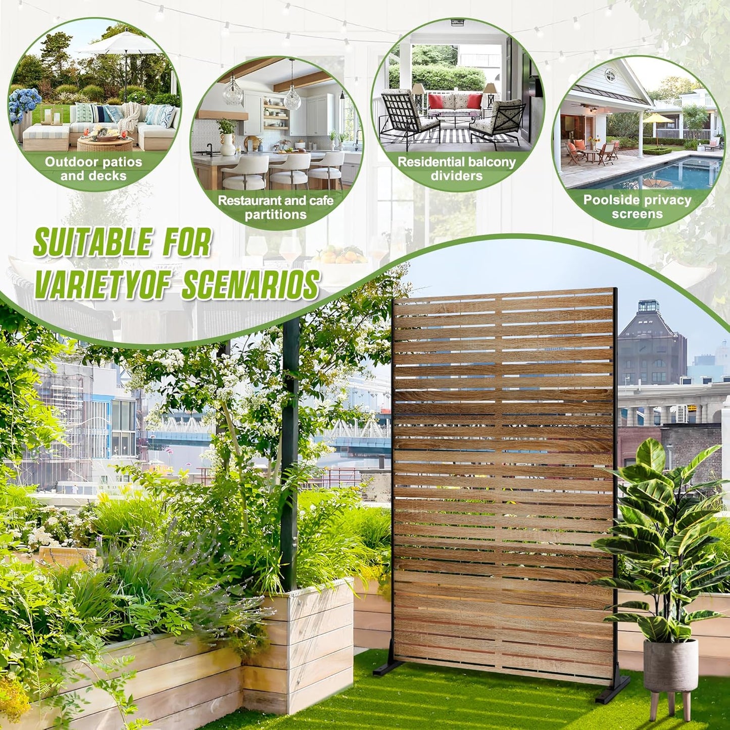 Metal Privacy Screen Outdoor 72" H×47" W,Freestanding Decorative Privacy Screen for Balcony Yard&Garden,Privacy Fence-Wooden Color