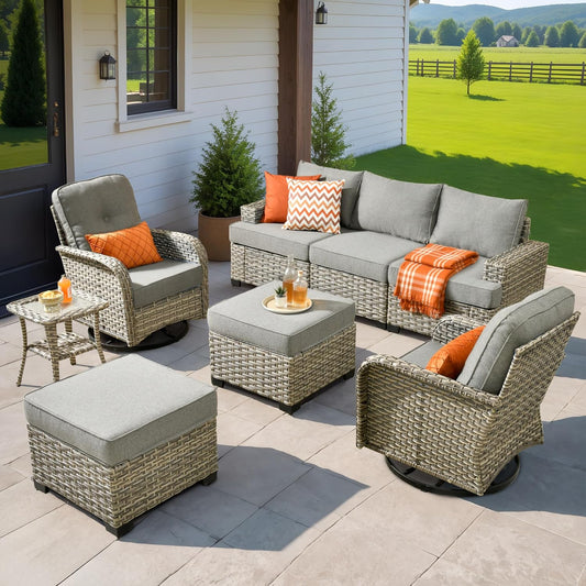 HOOOWOOO Outdoor Sectional Patio Furniture Set,8 Pieces Wicker Conversation Sets,Extra Deep Out Door Sofa Outside Furniture Couch with Swivel Chairs Ottoman,Charcoal Gray