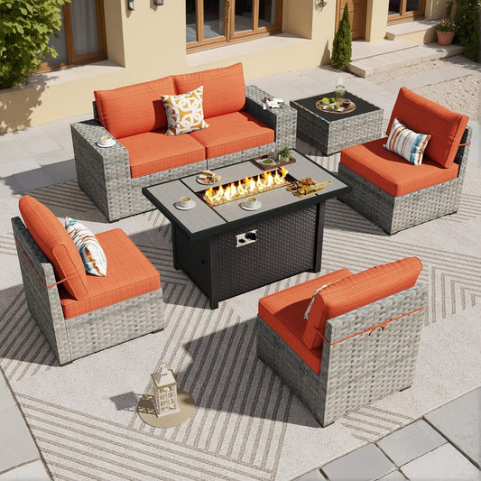 ovios 7 Pieces Patio Furniture Set, Outdoor Wicker Sectional Sofa with 42 Inch Fire Pit Table Comfy Cushions, Modern Modular Deep Seat Rattan Couch Conversation Set, Orange Red