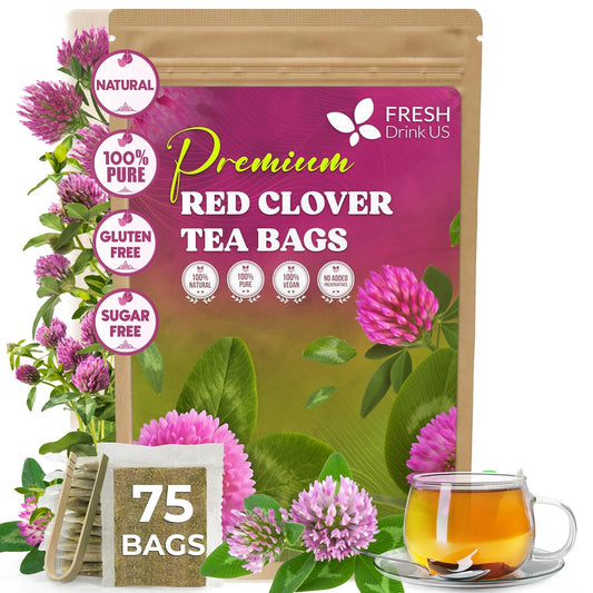 FreshDrinkUS, Premium Red Clover Herbal Tea– 75 Tea Bags – Pure – Naturally Smooth & Mild Flavor – Premium Quality, Eco-Conscious Packaging. Caffeine-Free. Gluten Free. Vegan