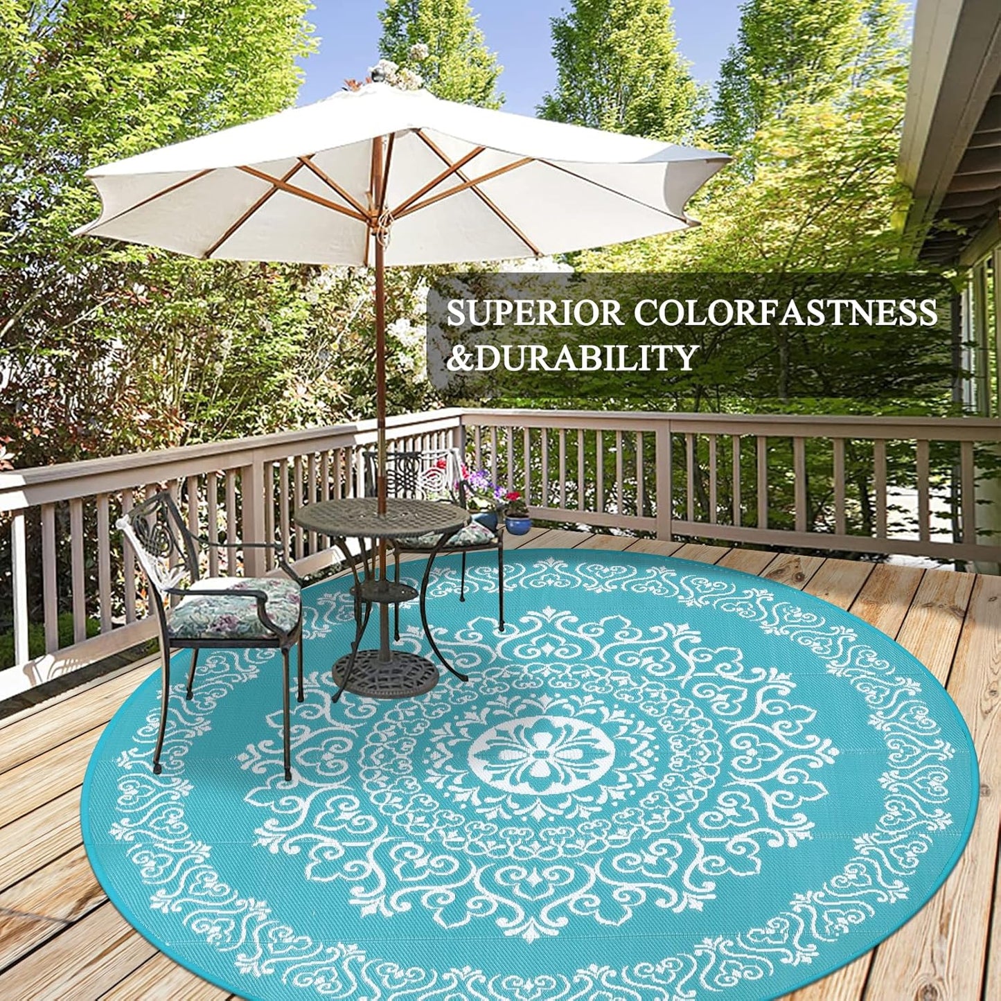 Pauwer Waterproof Outdoor Rug 8ft, Reversible Plastic Straw Patio Camping Rug, Indoor Outdoor RV Mat Carpet for Deck, Camper, Porch, Balcony, Backyard, Picnic, Floral Teal