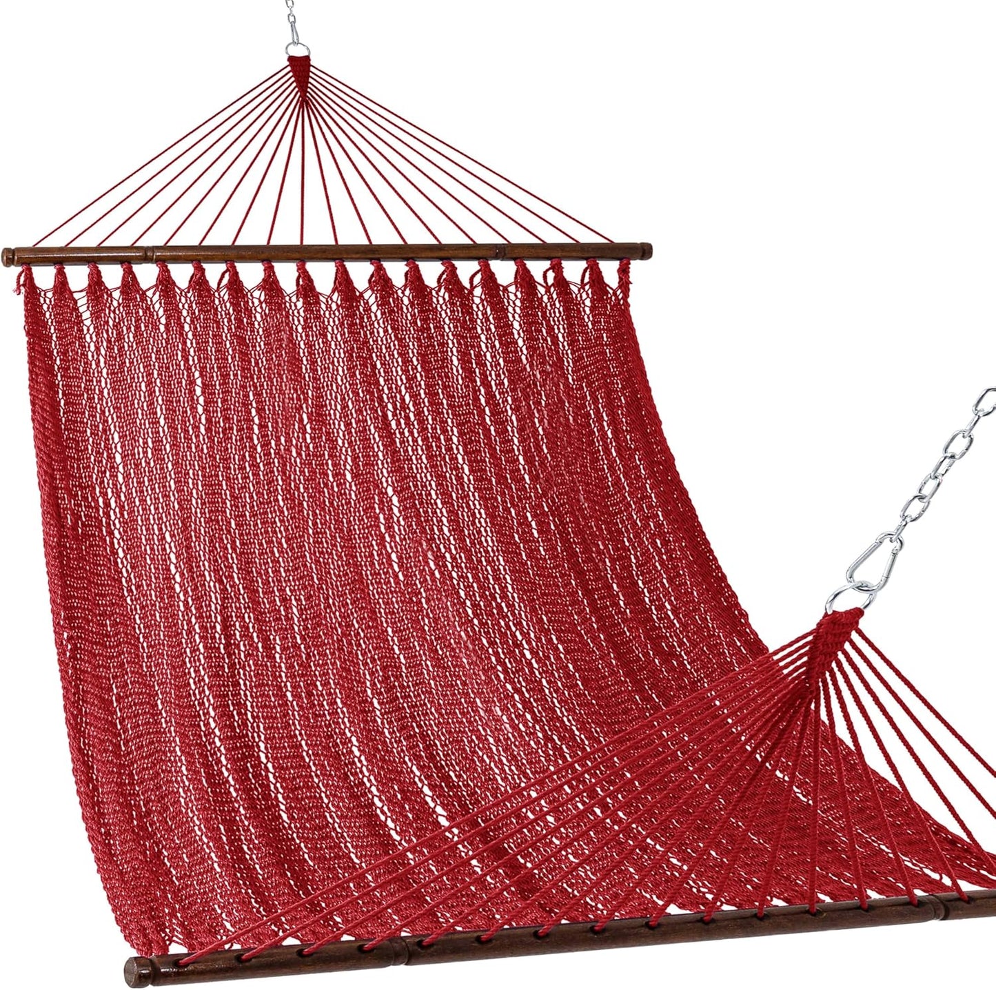 Lazy Daze Hammocks 10.5 FT Double 2 Person Caribbean Rope Hammock, Hand Woven Polyester Hammock with Spreader Bars, for Outside Outdoor Backyard Patio Poolside,450 LBS Capacity,Red