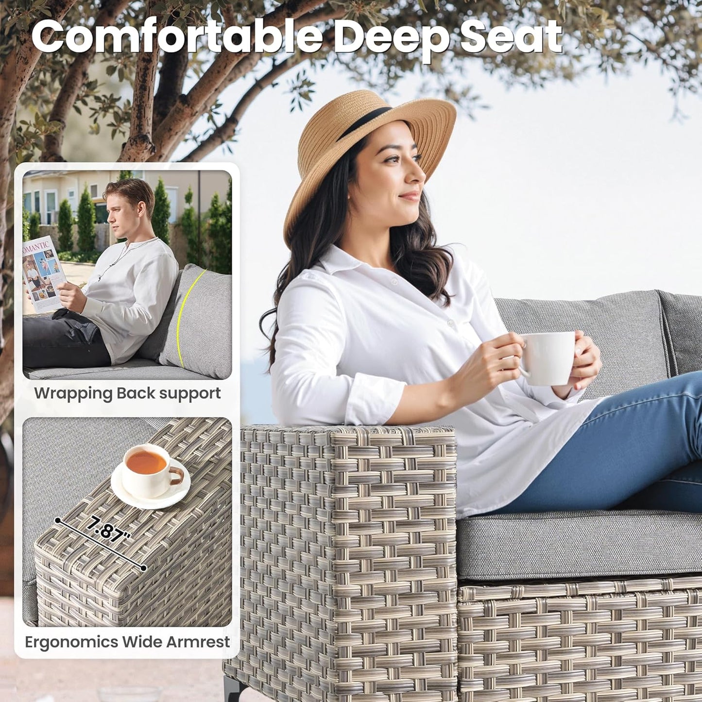 ovios 5 Pieces Patio Furniture Set Outdoor Sectional Sofa Couch with Deep Seat Chaise Comfy Cushions, Modern Modular Wicker Rattan Conversation Set Porch Deck Garden, Dark Grey