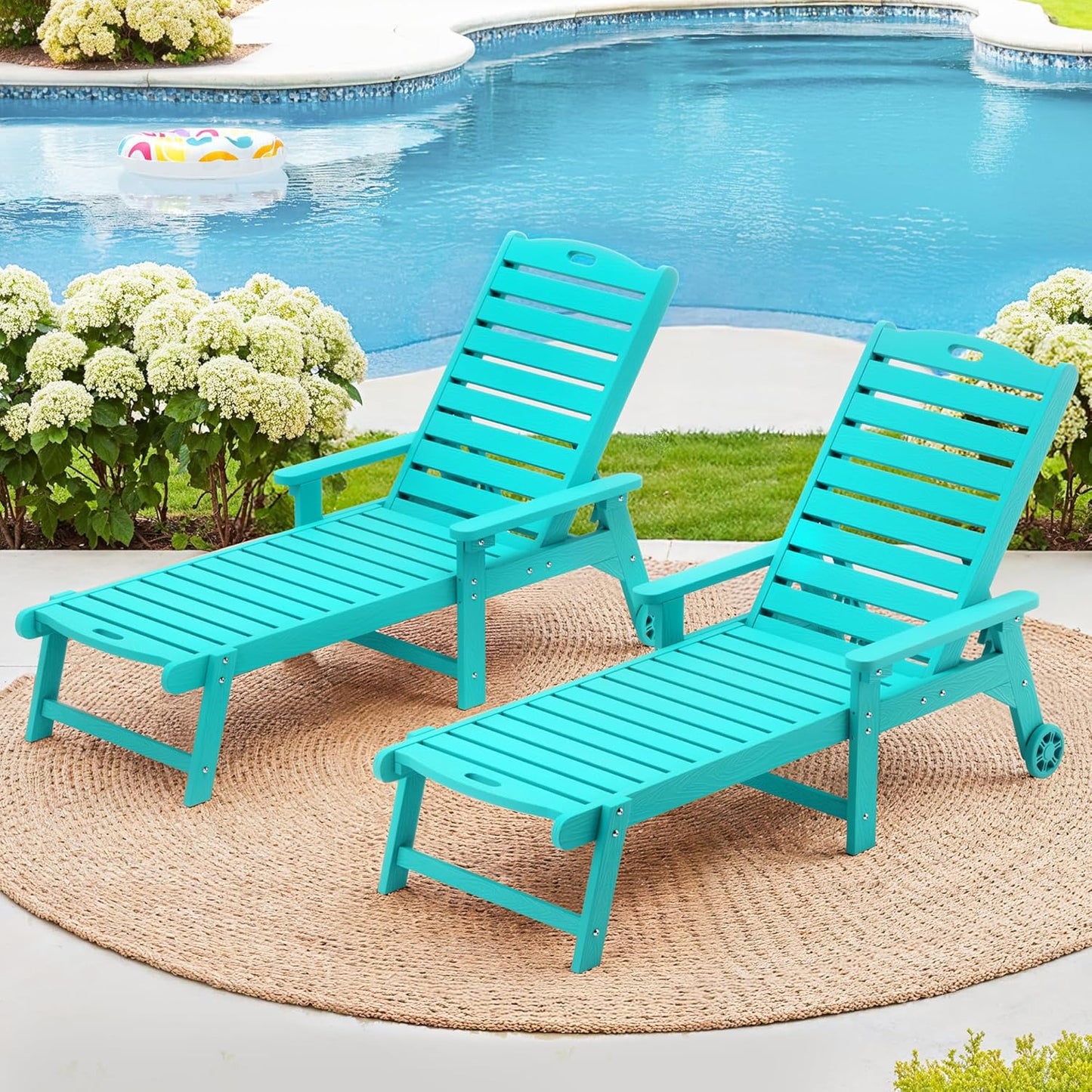 LUE BONA Outdoor Chaise Lounge Chairs Set of 2, HDPS Chaise Lounger, 5 Positions Adjustable Lounge Chairs, Pool Lounge Chair with Wheels for Poolside, 3 Year Warranty, Aruba Blue