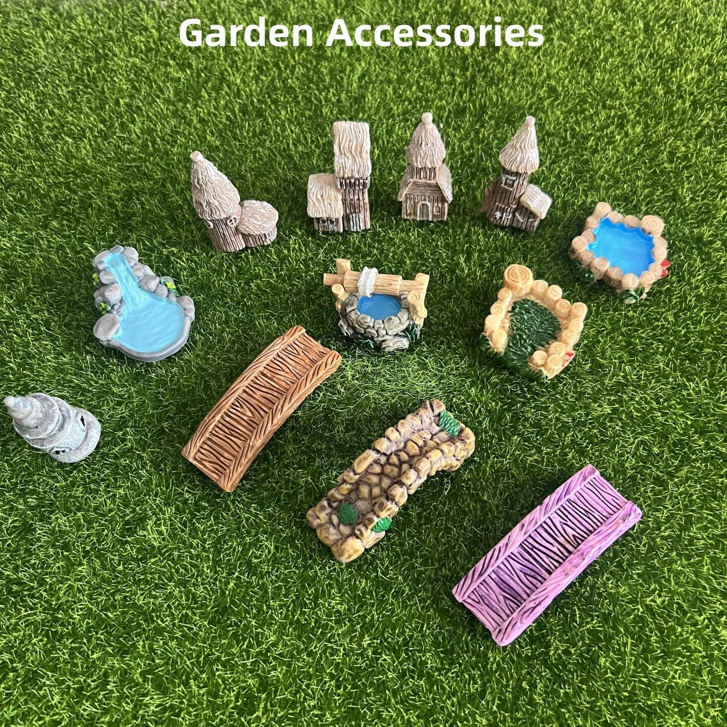 LONCESS Fairy Garden Accessories Miniature Tree House Bridge Mini Lighthouse Water Well Bridge Figurines Pond Lawn Ornament Figurines for DIY Craft Garden Decor,12 Peices