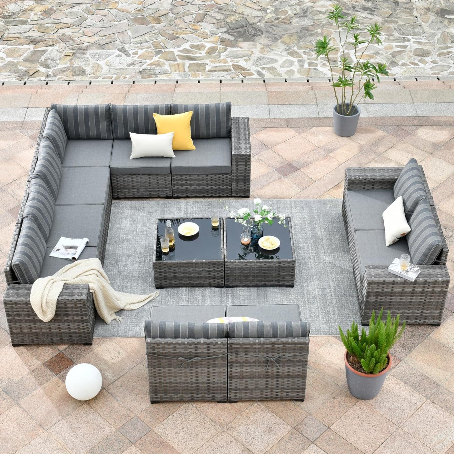 HOOOWOOO 12 Piece Modular Patio Outdoor Sectional Furniture Sofa Set,Wicker Conversation Set,Out Door Couch Set with Wide Arm for Outside All Weather(Grey Stripes)