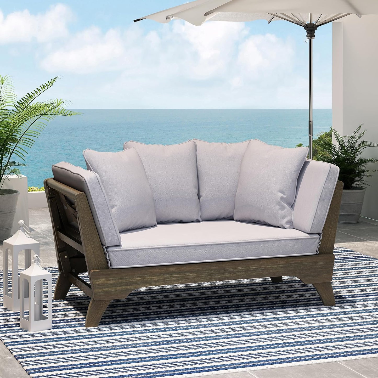 Outdoor Adjustable Patio Wooden Serene Daybed Sofa Chaise Lounge with Cushions for Small Places, Sleeper Chair with Armrest for Backyard, Poolside (Grey)