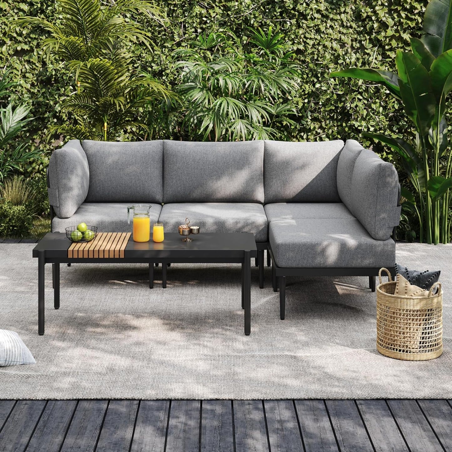Sundale Outdoor 5 Pieces Metal Patio Furniture Set, Outdoor Sectional Sofa w/6 Inch Olefin Cushion and Coffee Table, Modern Outdoor Conversation Sets