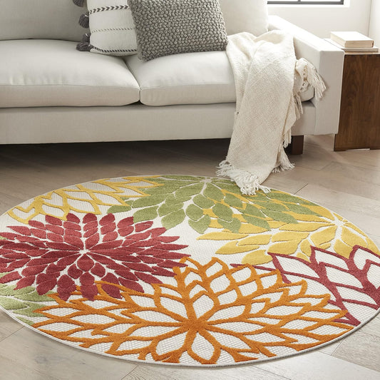 Nourison Aloha Indoor/Outdoor Red Multi Colored 4' x Round Area Rug, Tropical, Botanical, Easy Cleaning, Non Shedding, Bed Room, Living Room, Dining Room, Deck, Backyard, Patio (4 Round)