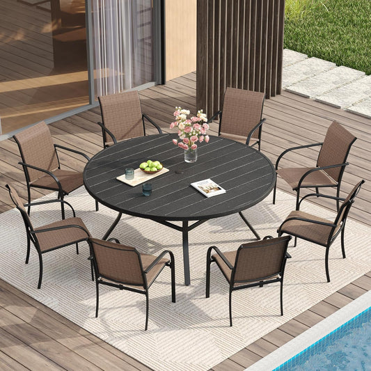 VICLLAX Patio Dining Set for 8, 9 Pieces Outdoor Furniture Set Includes 56.3" Round Patio Table and 8 Patio Stackable Chairs, Outdoor Table and Chairs for Outsides, Black Tabletop and Brown Fabric