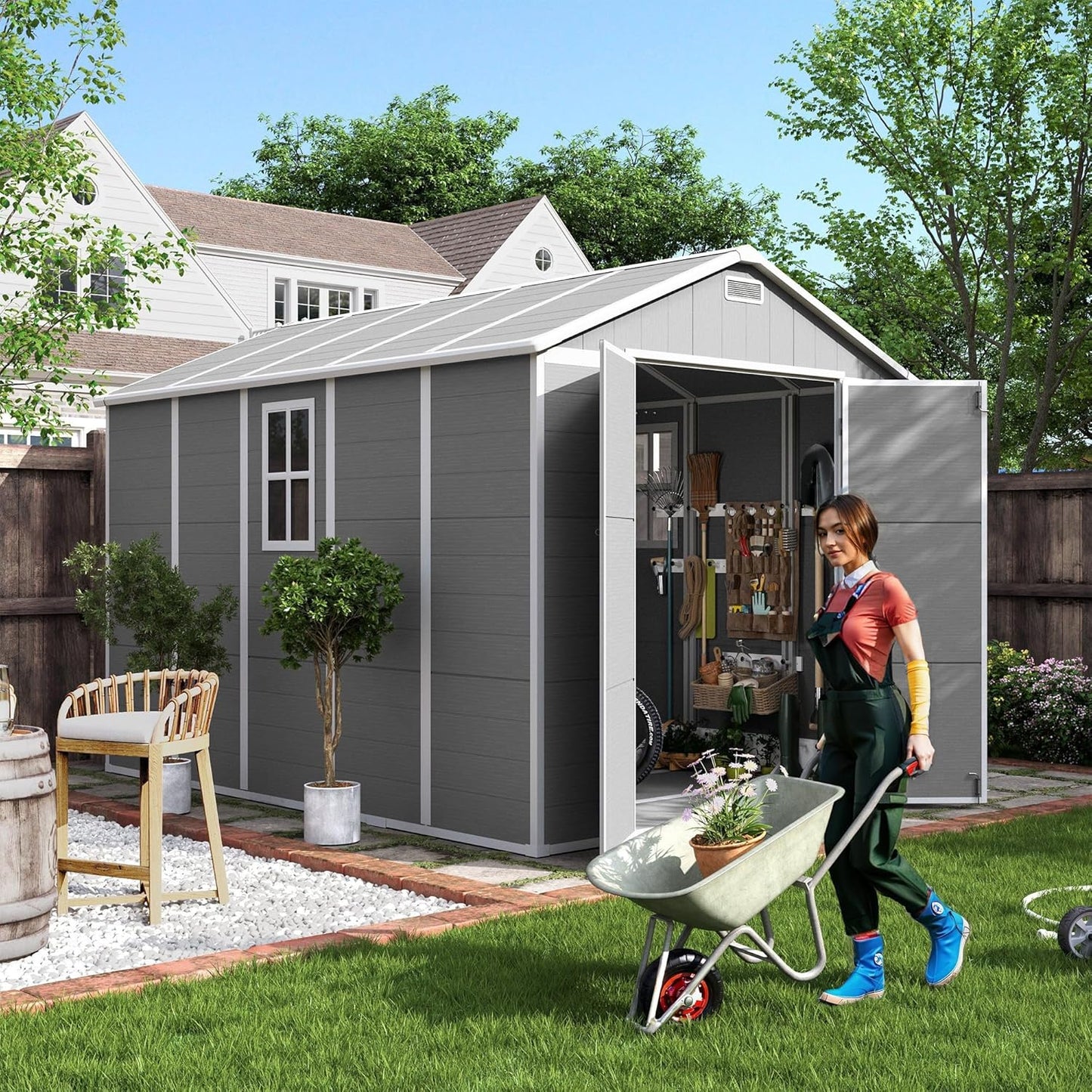 UDPATIO Outdoor Storage Shed 7.5x10.7 FT, Grey & White Resin & Steel Shed with Lockable Door for Backyard, Patio, Lawn