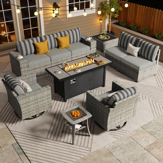 ovios 10 Pieces Patio Furniture Set, Outdoor Wicker Sectional Sofa with 54" Fire Pit Table Swivel Chairs, Modern Modular Deep Seat Rattan Couch Conversation Sets, Dark Gray Stripe