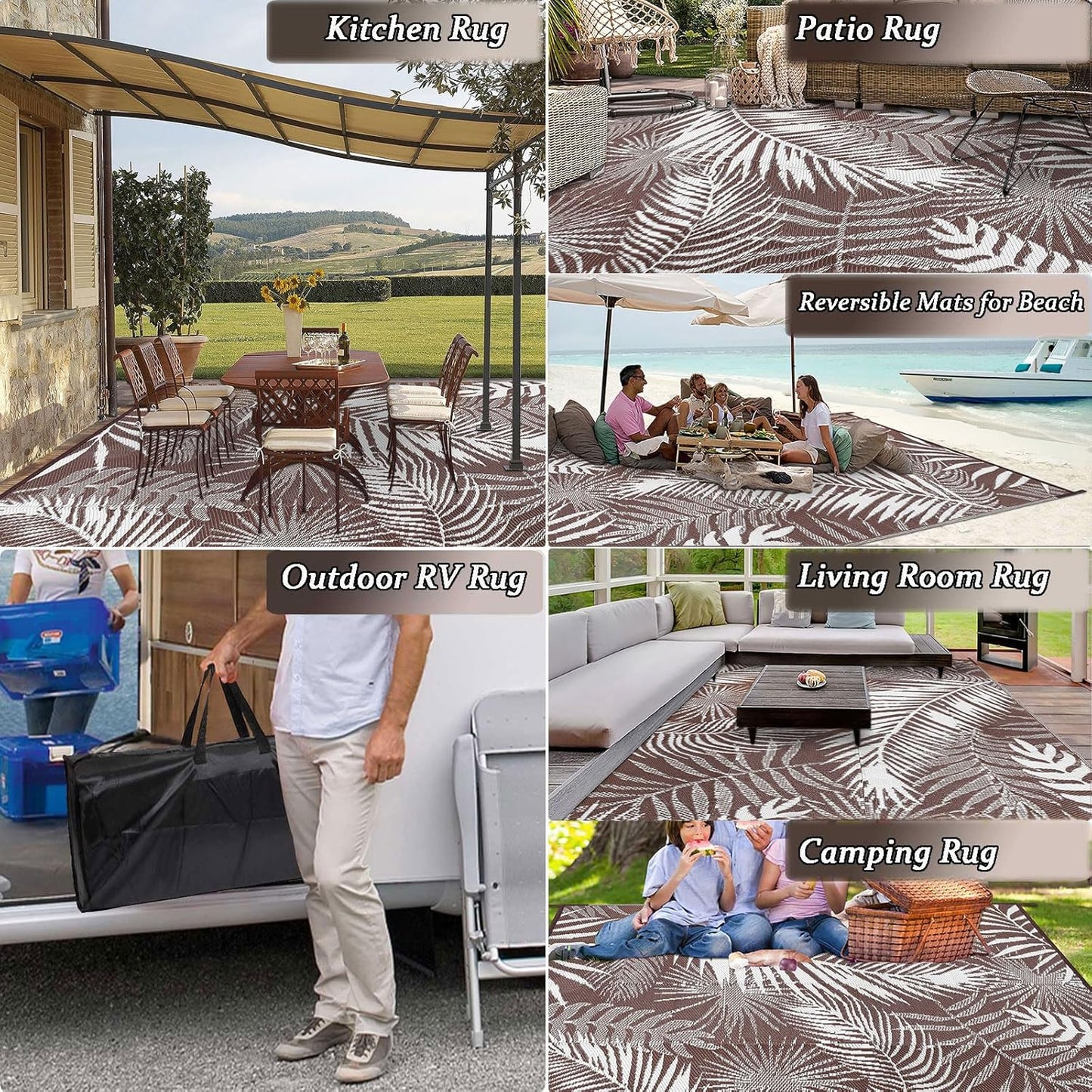HiiARug Outdoor Rugs 9'x12' for Patios Clearance Brown Reversible Outdoor Rug, Outdoor Plastic Straw Rug RV Camping Rug Large Outdoor Mat for RV, Patio, Backyard, Deck, Picnic, Beach, Trailer, Camping