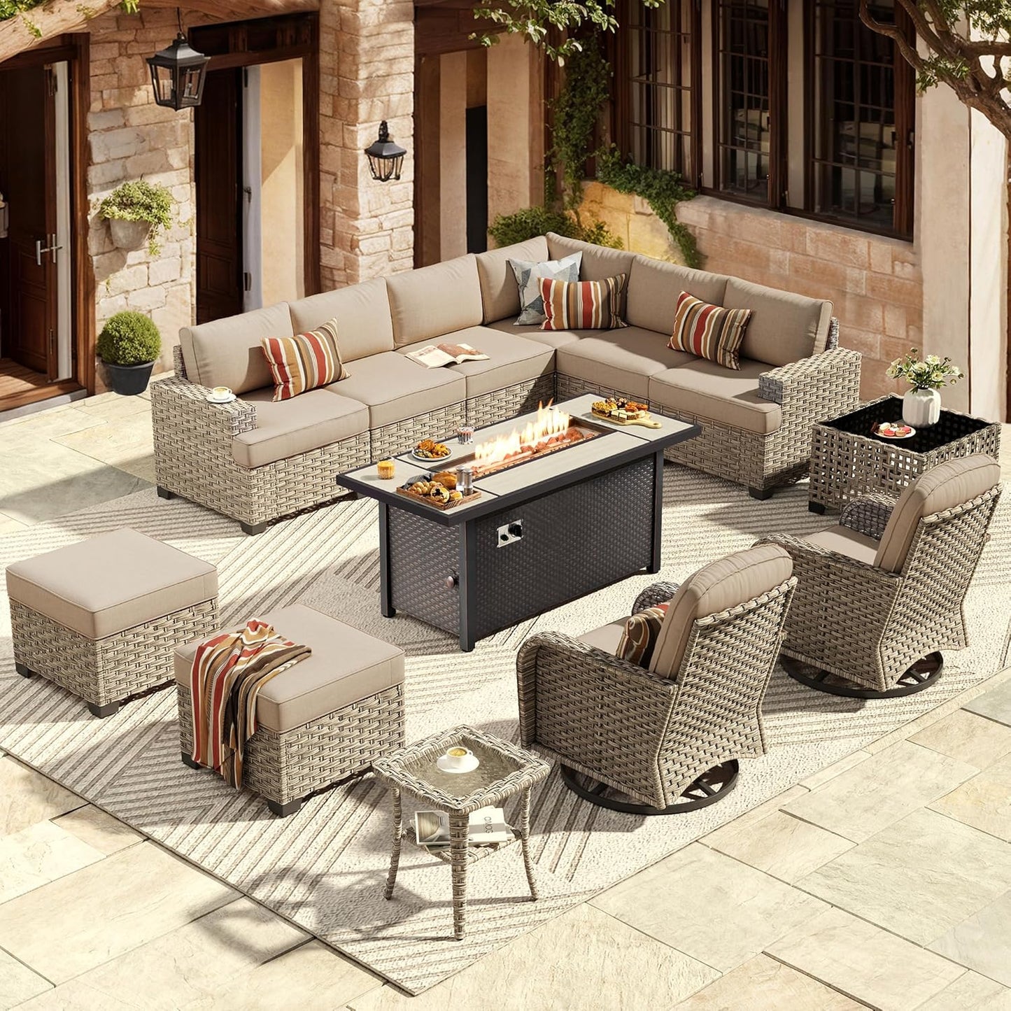 HOOOWOOO Outdoor Sectional Patio Furniture Set with Fire Pit Table,13 Pieces Wicker Conversation Sets L Shaped Couch,Extra Deep Out Door Sofa Outside Furniture with Swivel Chairs Ottomans,Beige
