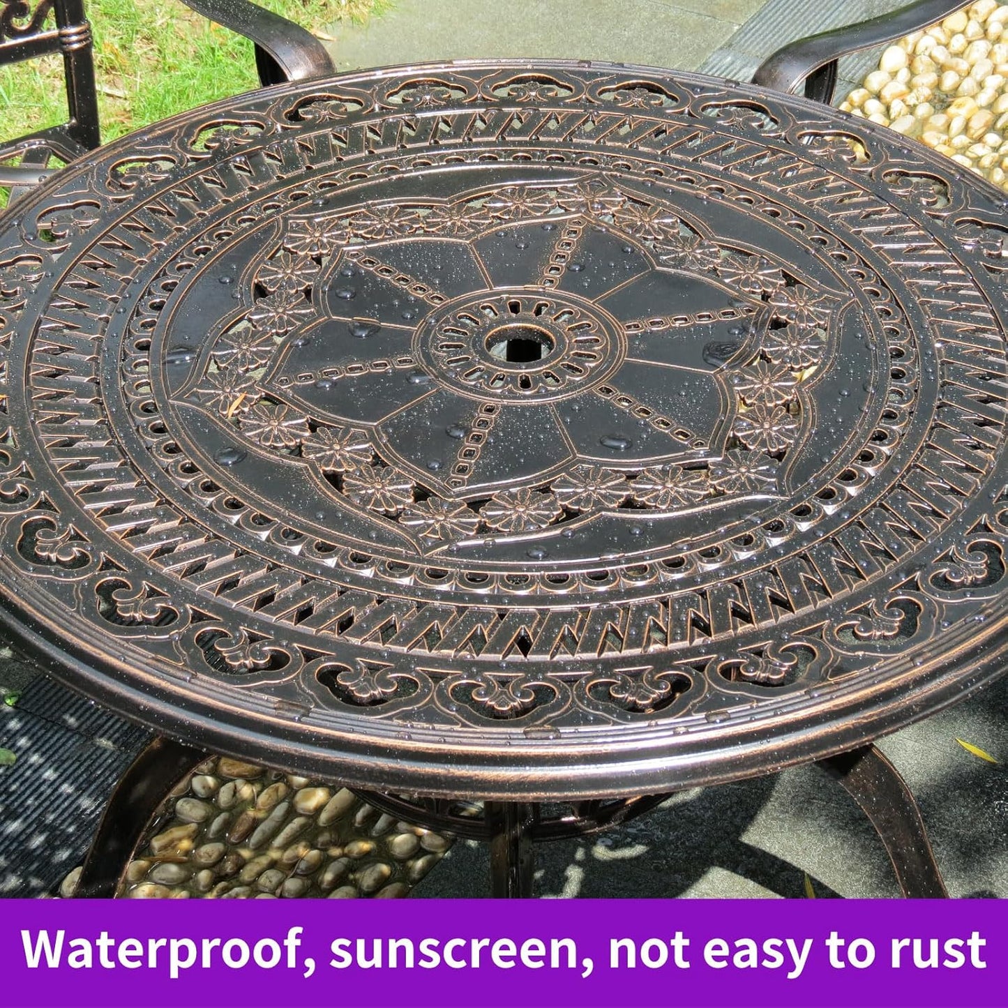 Outdoor Table Cast Aluminum Round Patio Table with Umbrella Hole All Weather Outdoor Dining Table for Lawn Garden Backyard (90cm YLSB Round Table)