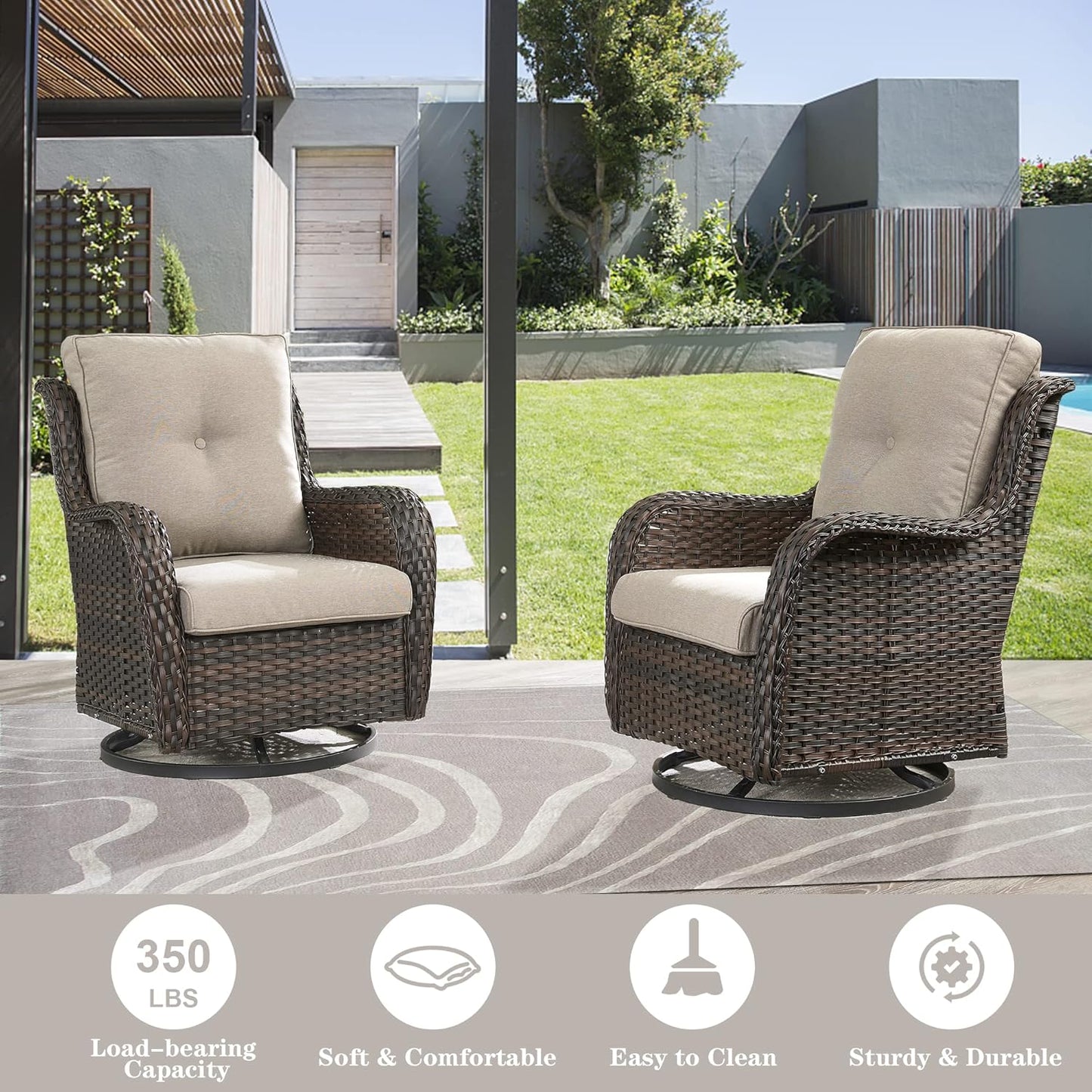 Outdoor Wicker Furniture Patio Set - 7 Piece Backyard Furniture Brown Rattan Conversation Sets with Swivel Rocker Chairs, Rattan Sofa, Club Chairs and Coffee Table, Beige Cushion