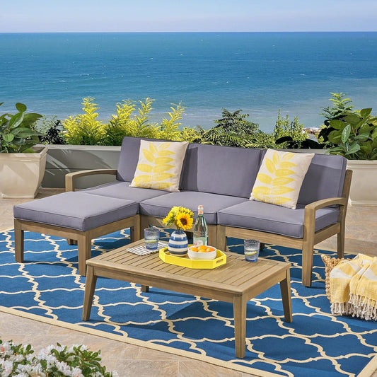 5 Piece Acacia Wood Patio Furniture Set, L-Shape Outdoor Furniture Set with Coffee Table and Ottoman, Conversation Set for Garden, Poolside, Backyard (Grey/18)