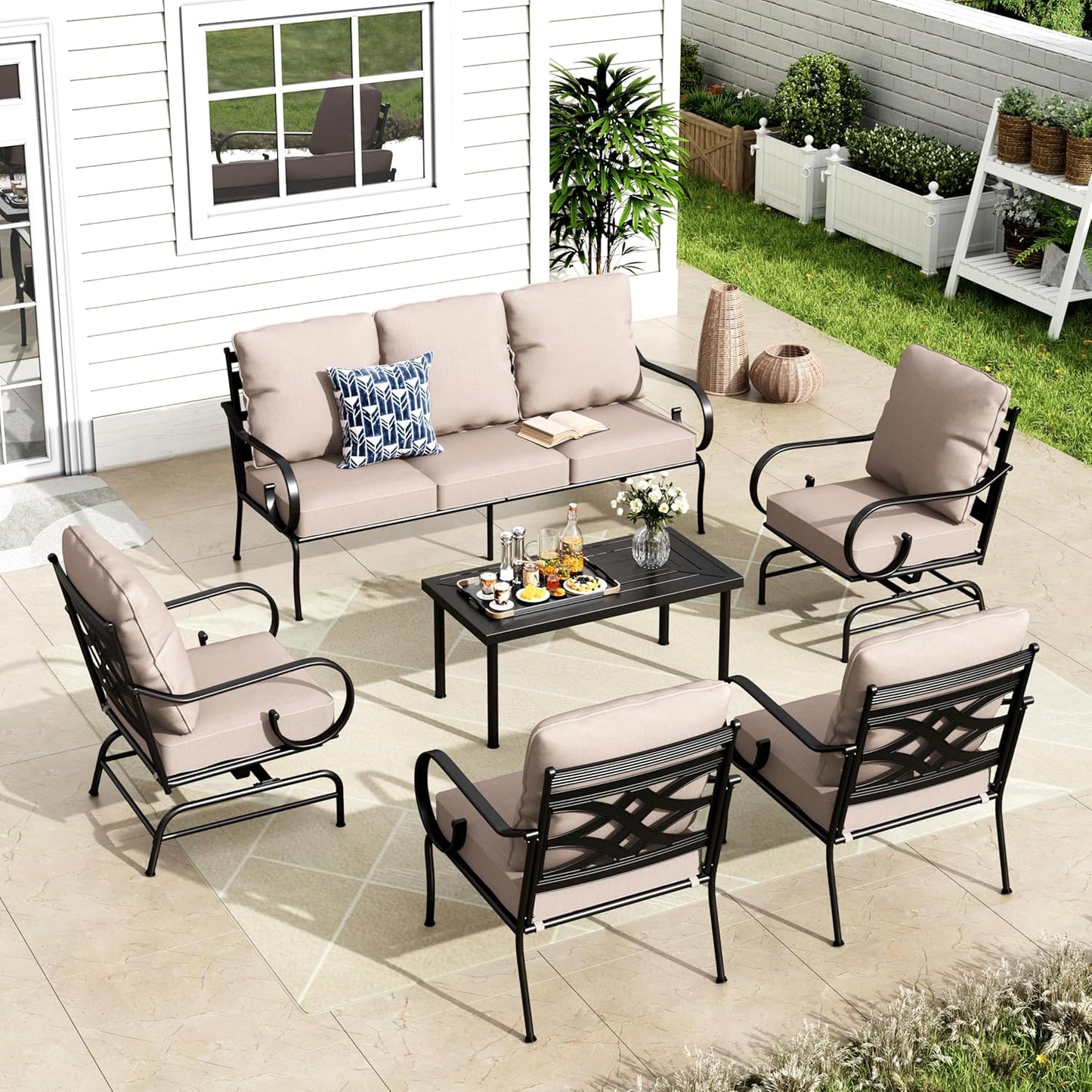 MFSTUDIO 7 Seats Large Metal Patio Conversation Sets, 6 Pieces Outdoor Furniture Sofa with 2 Motion Chairs, 2 Fixed Chairs, 1 Sofa(3-seat) and Table for Outside Balcony Backyard Poolside