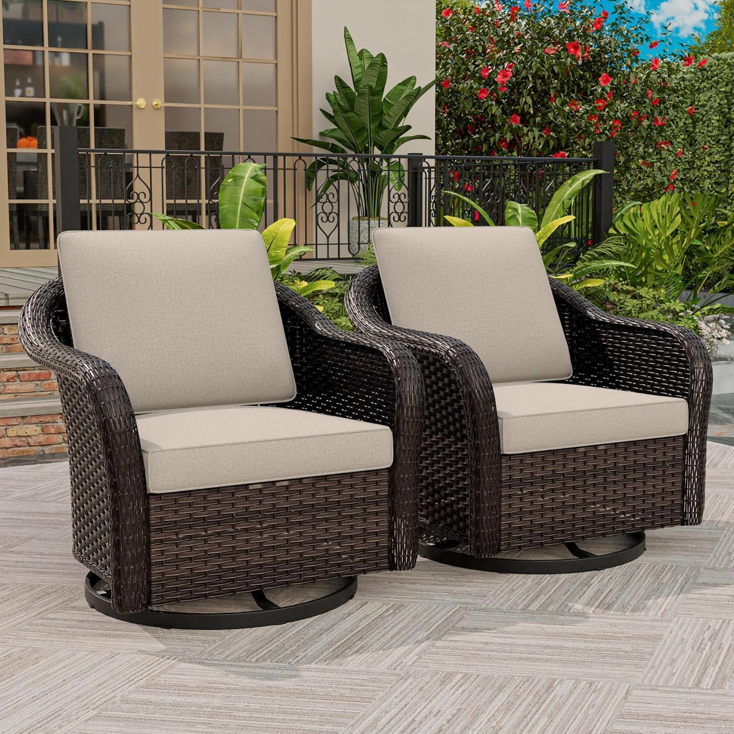 Outdoor Wicker Swivel Chair Set of 2, All-Weather Use Patio Rattan Chair with Seat and Back Cushion, Ideal for Porch, Backyard, Balcony, Poolside, Beige