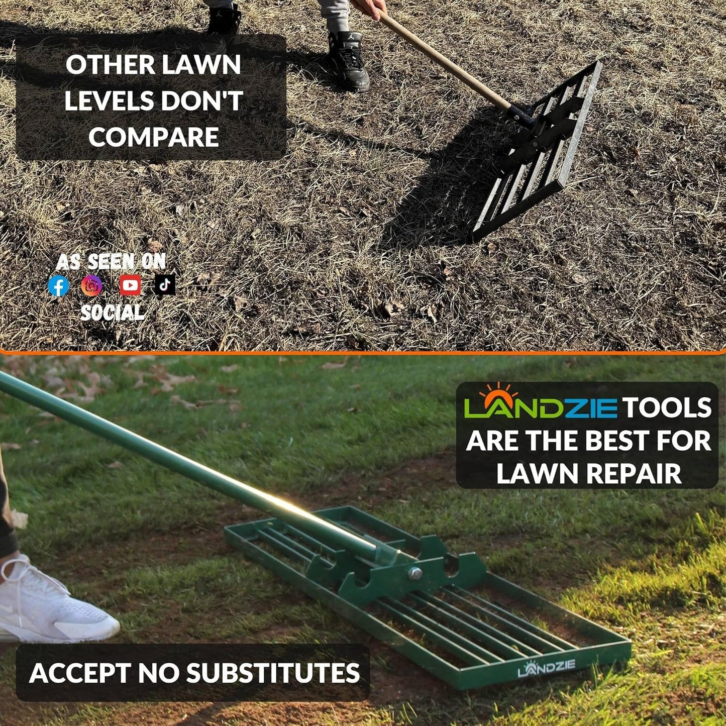 LANDZIE - The Original Lawn Leveling Rake – 36" Steel Handle Yard Leveler, Lawn Level Tool for Creating a Flat Surface - Works for Soil, Dirt, Topdressing, and Ground