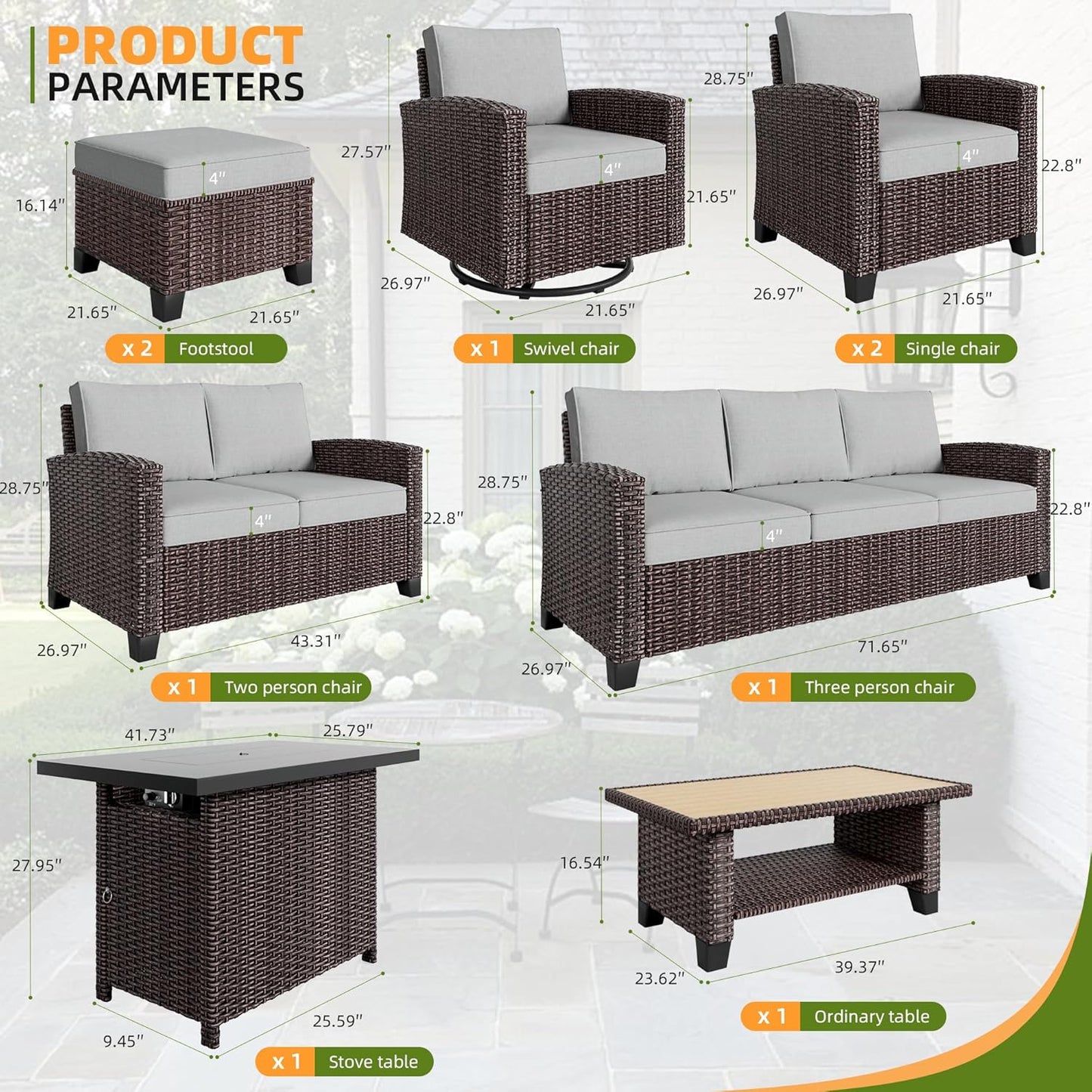 Outdoor Patio Sectional Sofa Set, 6-Piece Rattan Furniture, Patio Conversation Sets with Fire Pit, Seats 7, Light Grey