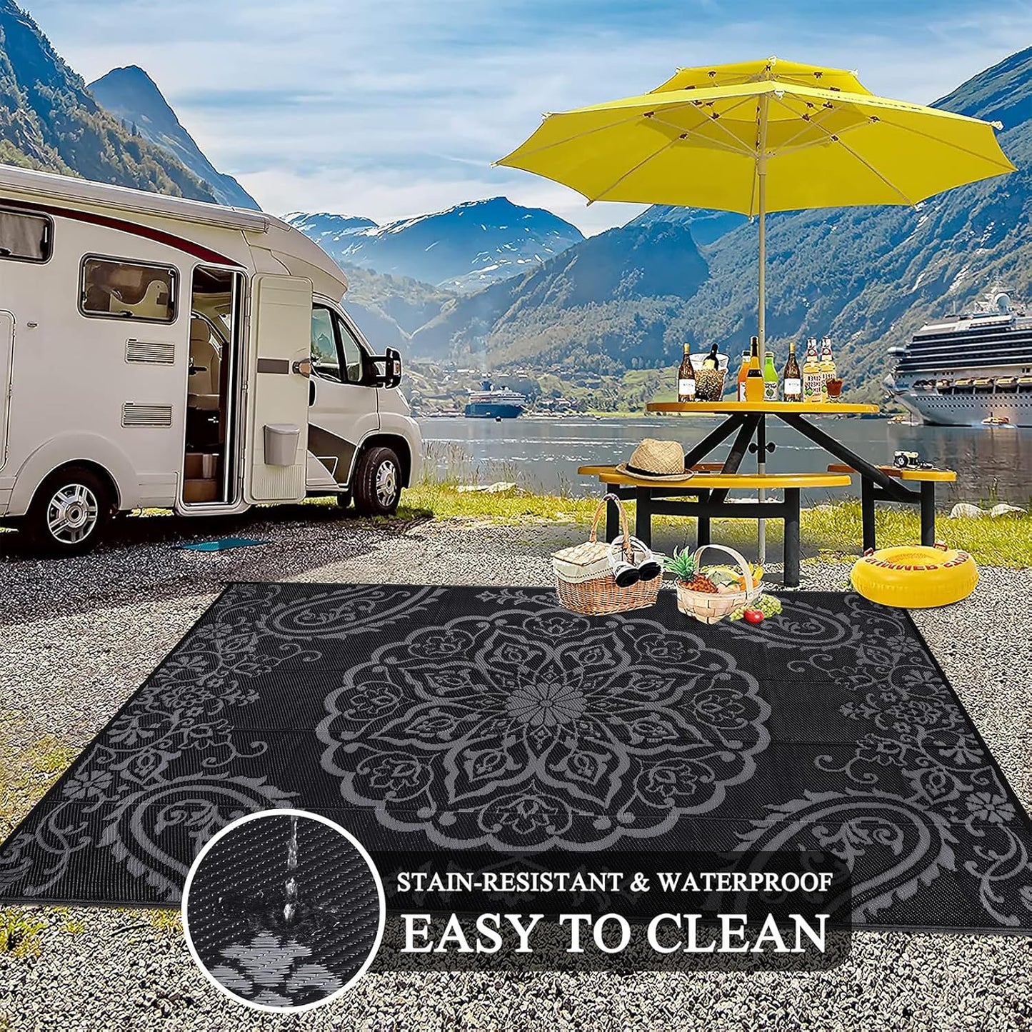 Pauwer Waterproof Outdoor Rug 6x9, Reversible Plastic Straw Patio Camping Rug, Indoor Outdoor RV Mat Carpet for Deck, Camper, Porch, Balcony, Backyard, Picnic, Boho Black Grey