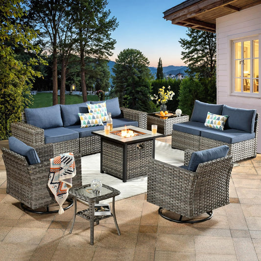 ovios 10 Pieces Patio Furniture Set, Outdoor Wicker Sectional Sofa with 30" Fire Pit Table Swivel Chairs, Modern Modular Deep Seat Rattan Couch Conversation Sets, Denim Blue