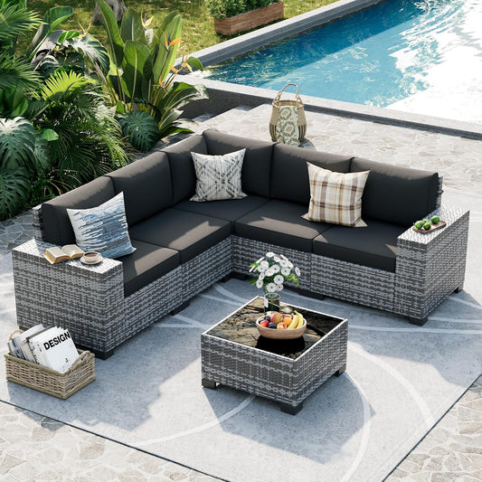 UDPATIO Patio Furniture Set, 8 Inch Armrest Patio Sectional Furniture, 6 Piece Wicker Outdoor Sectional Conversation Sets with Waterproof Cover and Coffee Table for Backyard Deck(Grey/Black)