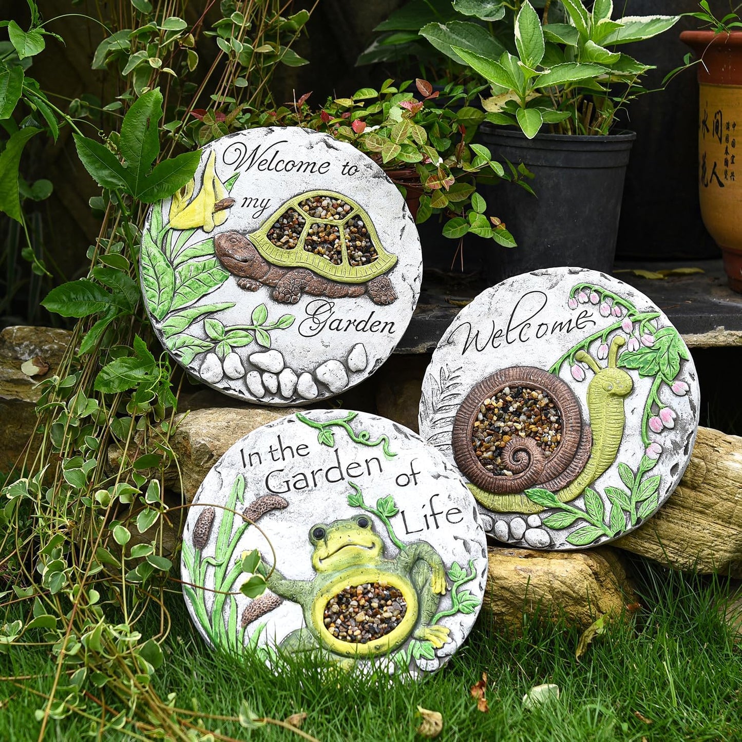 Sungmor 3PC Pretty Garden Stepping Stones, 9.8" Large Concrete Decorative Stones with Beautiful Pattern, Unique Outdoor Lawn Accents, Yard Walkway Flower Bed Wall Shelf Welcome Friends Decorations