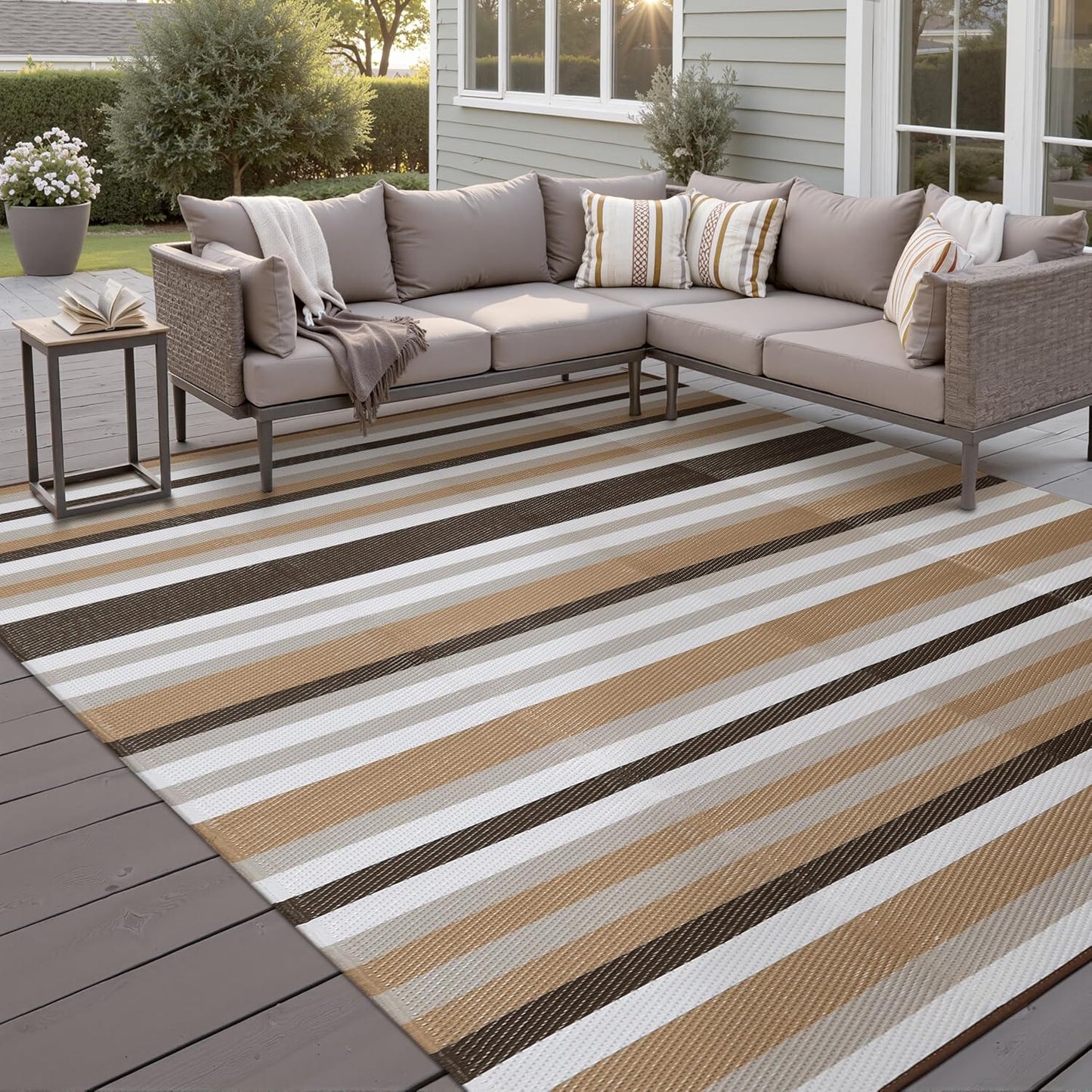 Outdoor Waterproof Rug 6'x9' Plastic Straw Rugs Washable Reversible Floor Mat Brown Stripe Carpet for Camping RV Deck Entryance Porch Picnic Balcony Beach Backyard