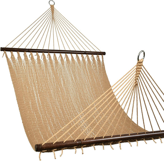 Lazy Daze Hammocks 10.5 FT Double 2 Person Caribbean Rope Hammock, Hand Woven Polyester Hammock with Spreader Bars, for Outside Outdoor Backyard Patio Poolside,450 LBS Capacity, Tan