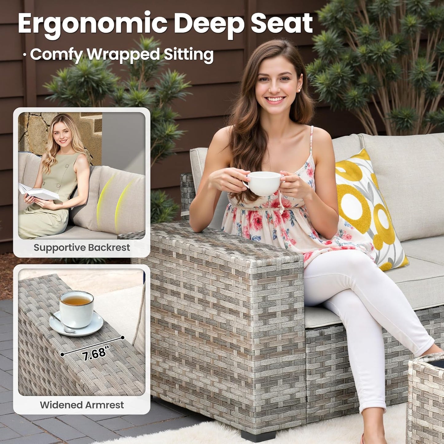 ovios 7 Pieces Patio Furniture Set, Outdoor Wicker Sectional Sofa with 30 Inch Fire Pit Table Comfy Cushions, Modern Modular Deep Seat Rattan Couch Conversation Set, Beige