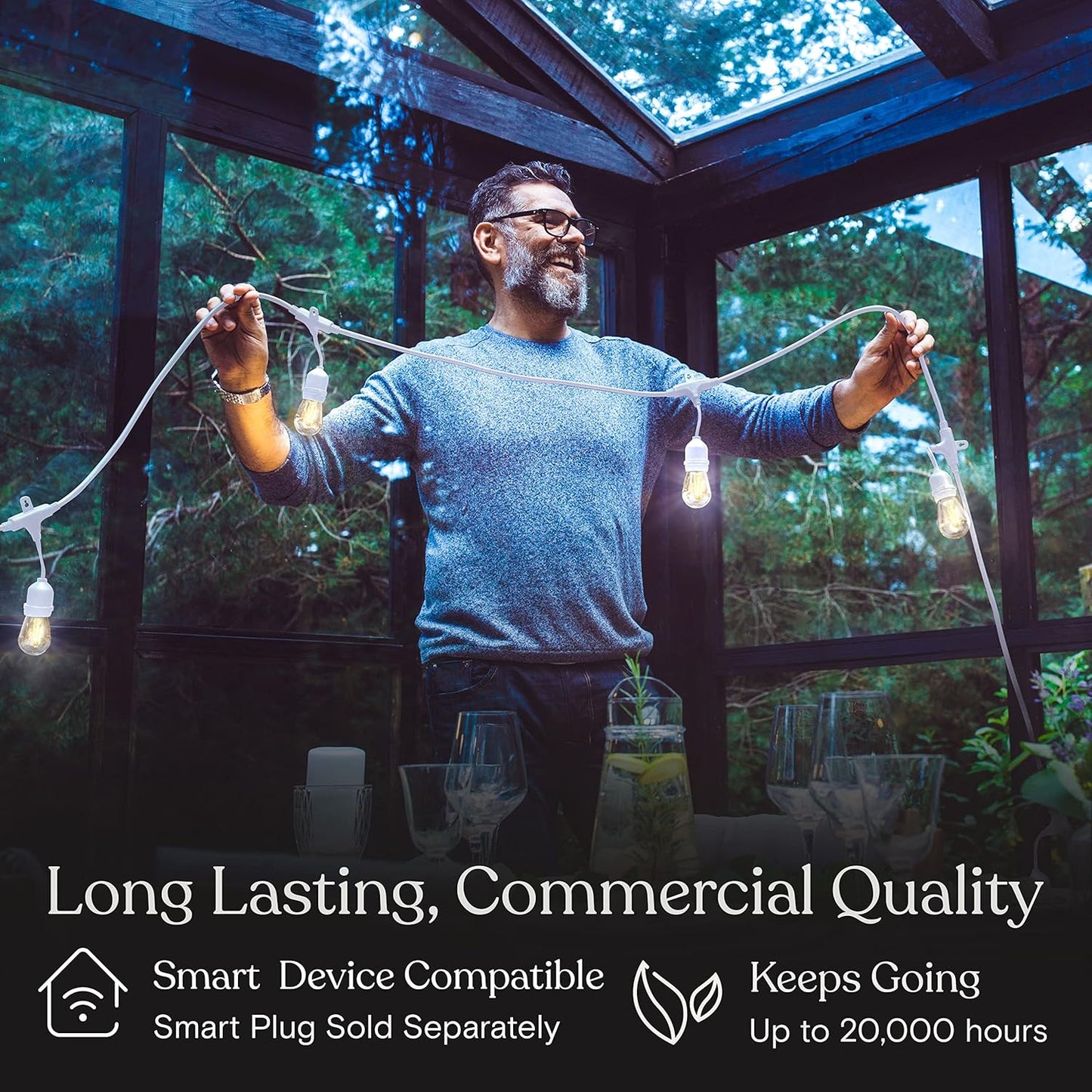 Brightech Ambience Pro Waterproof LED Outdoor String Lights, 48 Ft, Hanging, Dimmable Vintage Edison Bulbs, 15 Bulbs, 2W