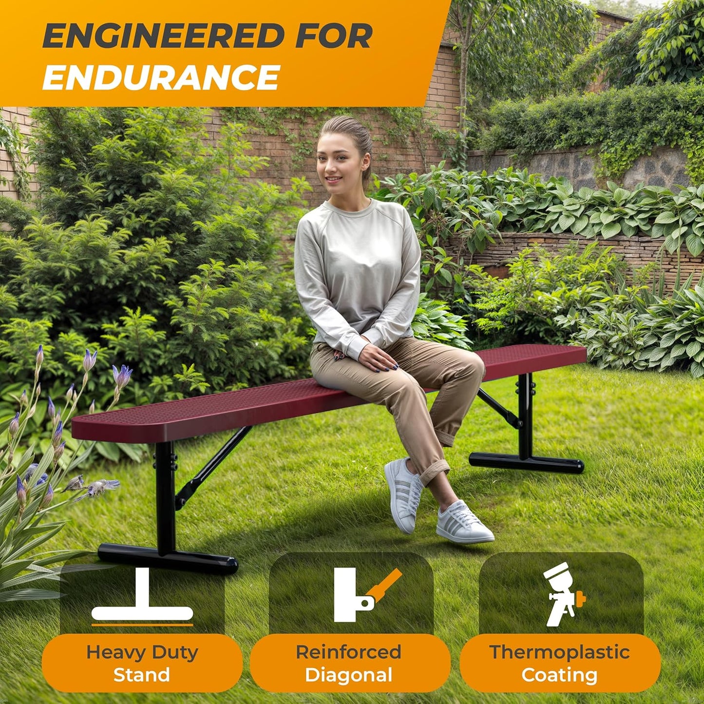 Heavy-Duty Outdoor Metal Bench, Thermoplastic-Coated, Portable, Weatherproof, Commercial-Grade for Parks, Gardens, Patios, Stores & More (8 Ft - Portable, Red)