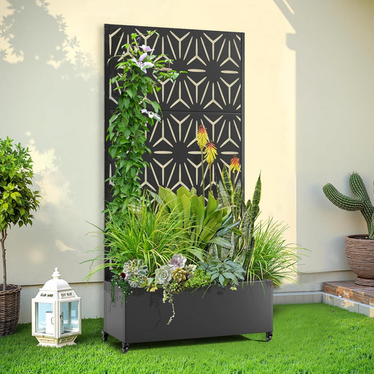 Raised Garden Bed with Trellis and Wheels,73"x35"x16" Metal Raised Garden Bed,Black Star Metal Planter with Climbing Trellis for Vines & Vegetables