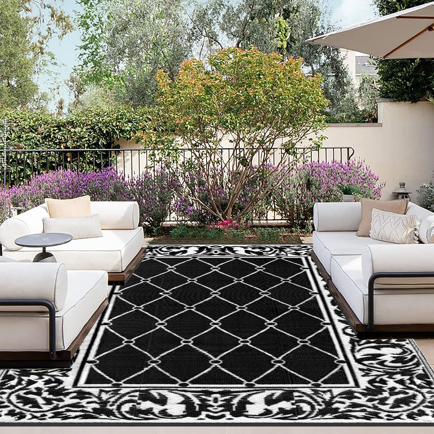 OutdoorLines Indoor Outdoor Rugs for Patio 6x9 ft - Reversible Outside Carpet, Stain & UV Resistant Portable RV Mats, Plastic Straw Rug for Camping, Pool Deck, Porch Rhombus Black & White