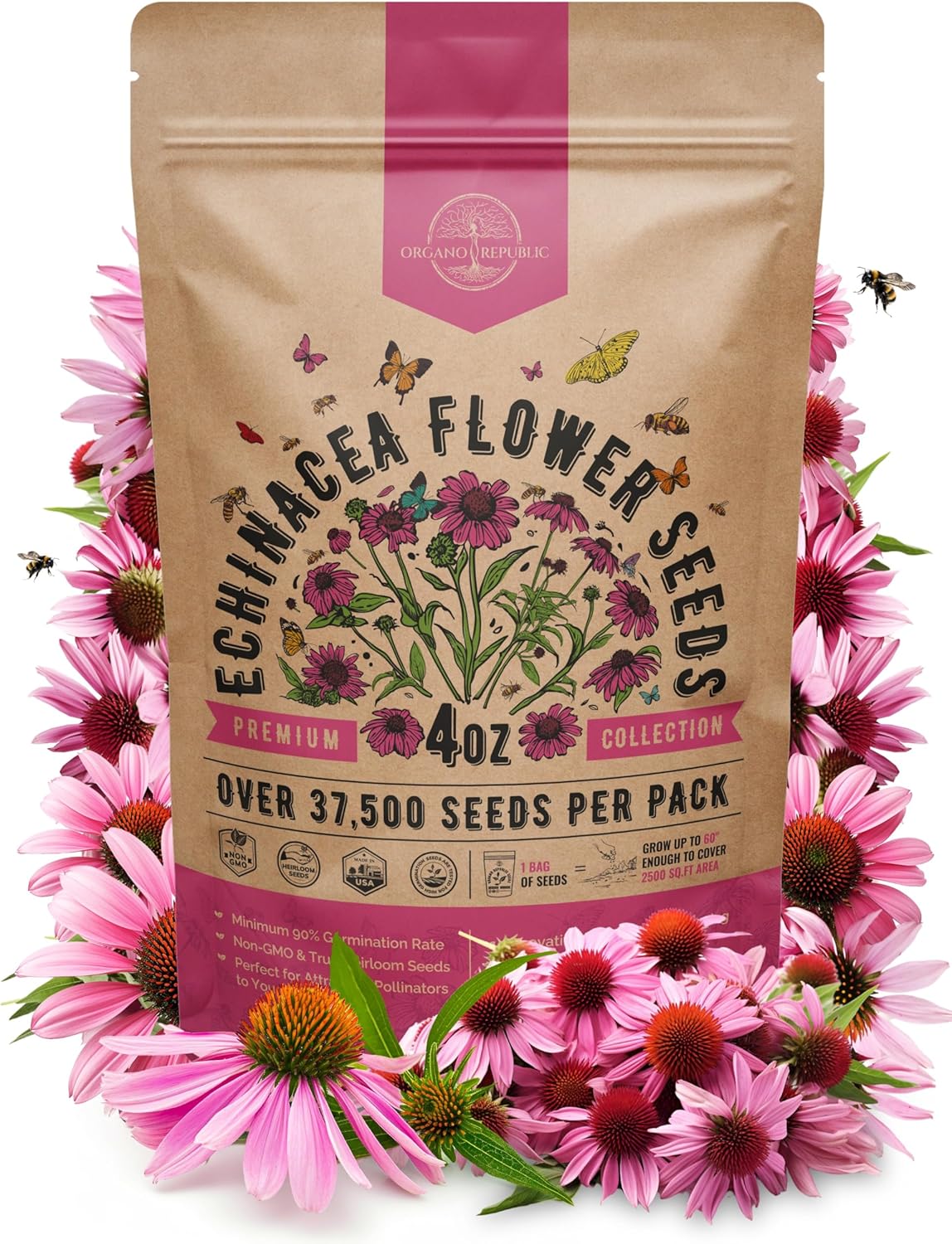 Organo Republic Echinacea Seeds Pack 4 oz - Over 37,500 Non-GMO Heirloom Echinacea Seeds for Planting, Perennial Flowers in Individual Packet, Coneflower for Planting Indoor & Outdoors