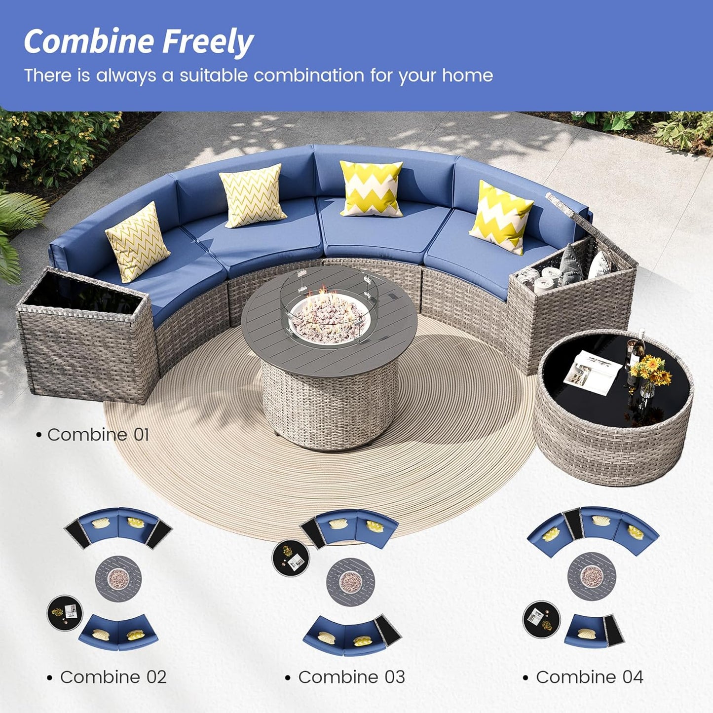 Patio Sectional Furniture Outdoor 8-Piece Grey Rattan Curved Sofa Set with Fire Pit Table,Storage Table,Pillows,Fit for Pool Backyard Balcony Porch Lawn (Navy)