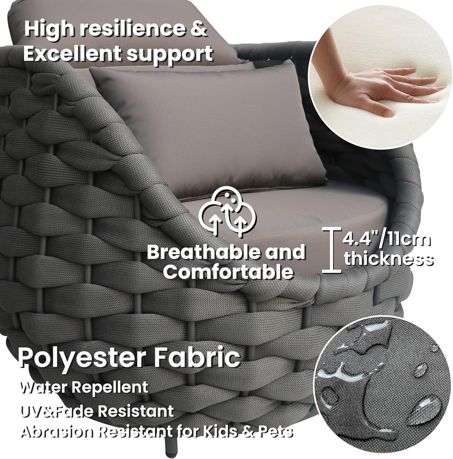 Front Porch Furniture Set 3 Piece: Aluminum Woven Rope Patio Conversation Sofa Set for 2 - Assembled Outdoor Couch Armchair Set Cushions - for 400lb Deck Balcony Pool Yard Hotel - Dark Gray