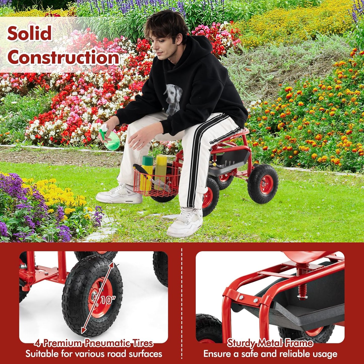 Goplus Rolling Garden Seat with Wheels, Outdoor Gardening Scooter with 360° Swivel Seat, Tool Tray & Basket, Adjustable Steering Handle for Lawn, Gardening Stool, Garden Cart for Planting