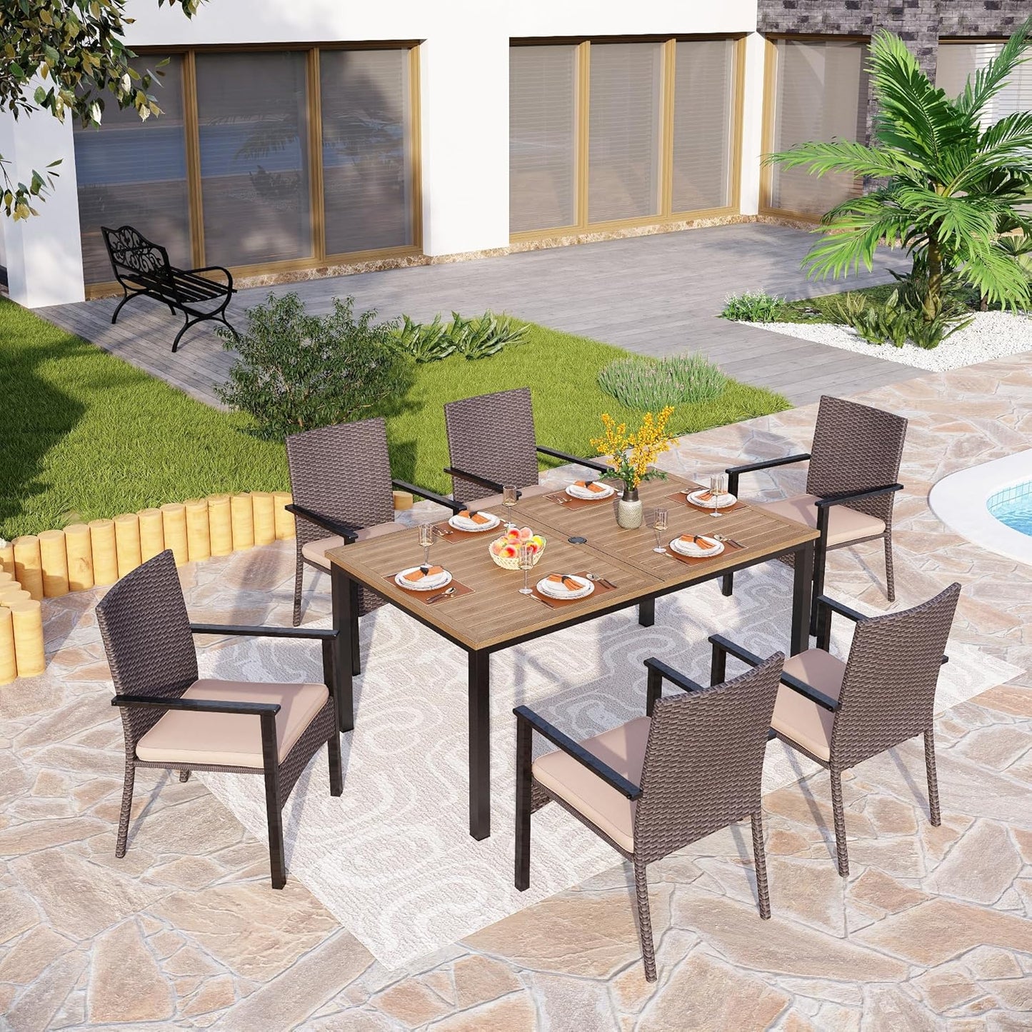 PHI VILLA 64" Rectangle Outdoor Dining Table, Patio Furniture Wood-Like Tabletop with Umbrella Hole for Patio Lawn Backyard Garden, Brown