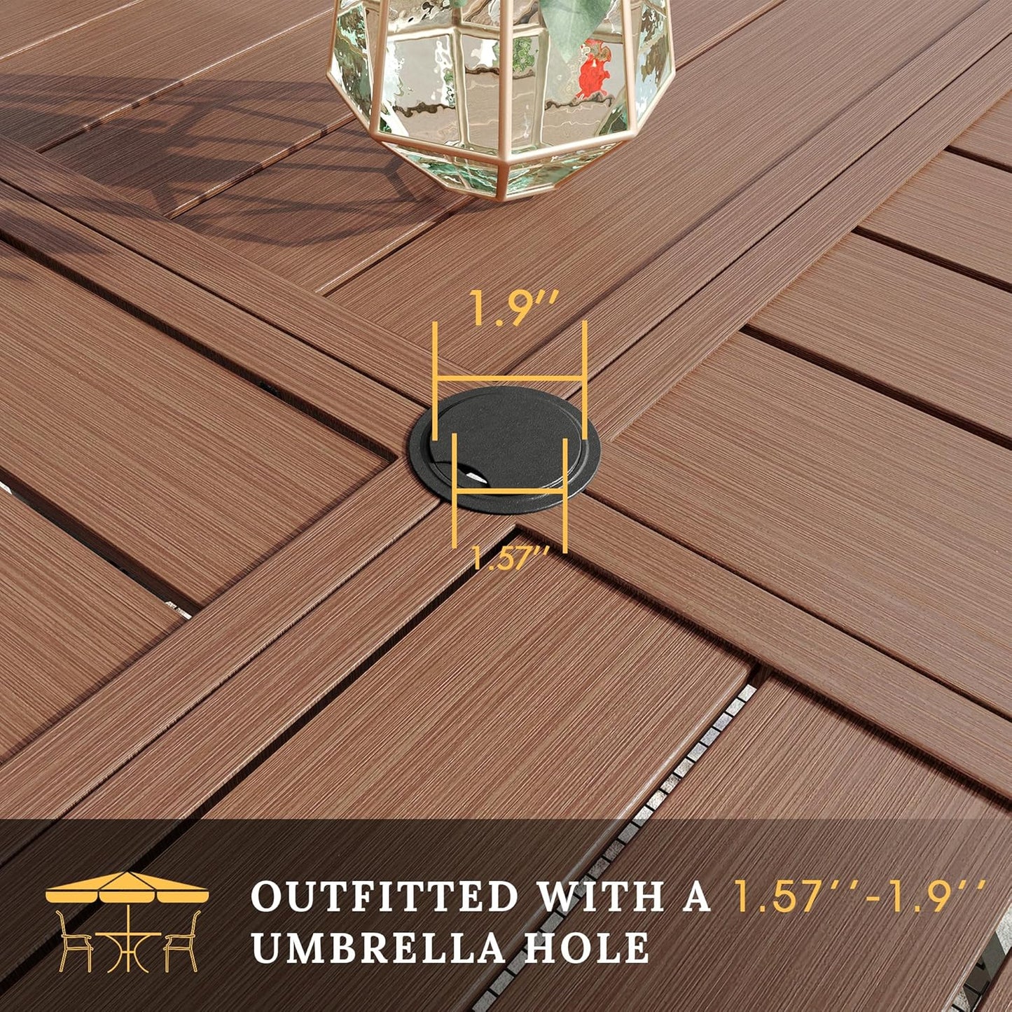 VICLLAX Round Patio Table with Adjustable Umbrella Hole for 8, All Weather Metal Outdoor Dining Table for Lawn Garden, 53.1" Outdoor Coffee Table, Walnut Wood-Like Tabletop