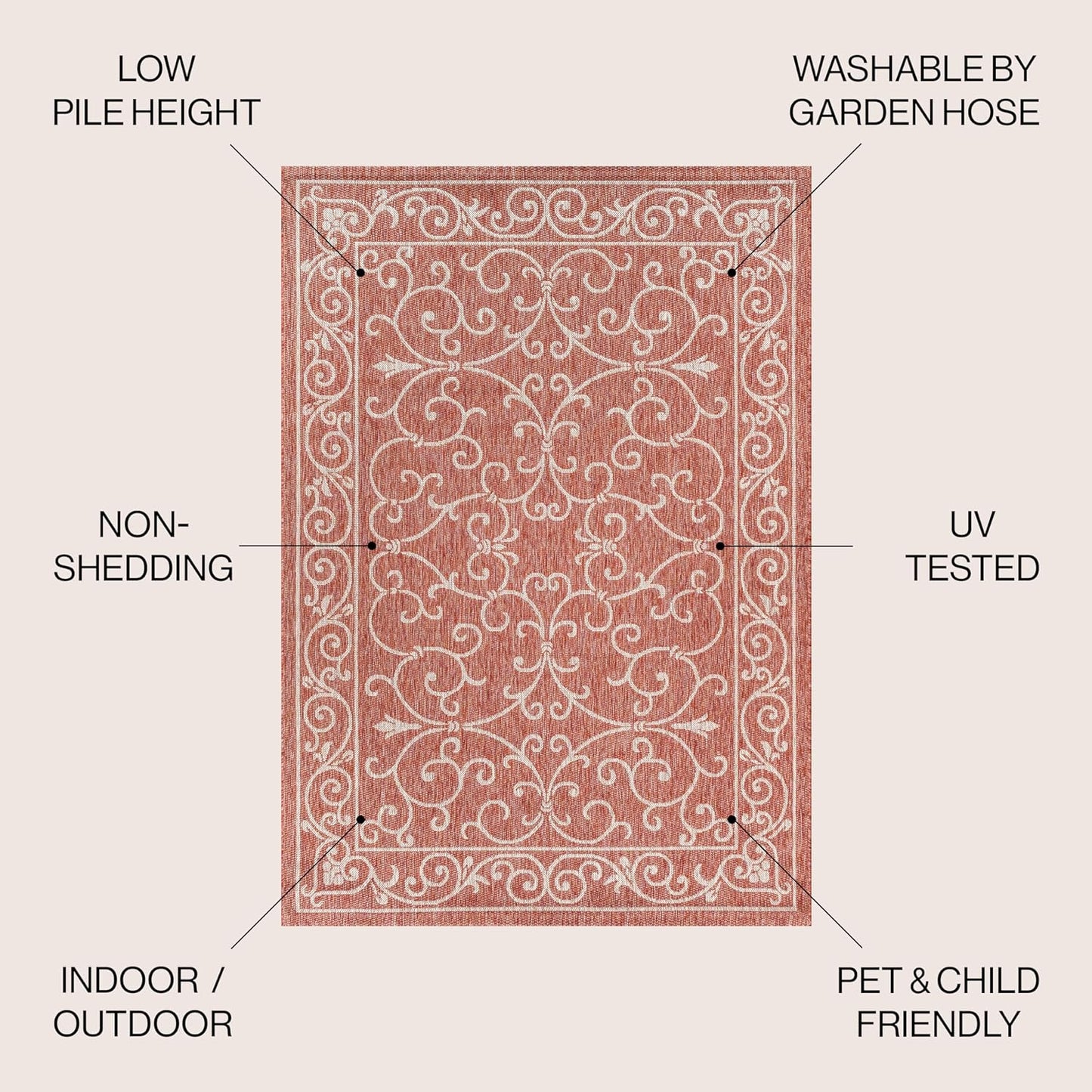 JONATHAN Y SMB106B-6 Charleston Vintage Filigree Textured Weave Red/Beige 6 ft. x 9 ft. Indoor/Outdoor Area Rug, Pet Friendly, Non-Shedding, Stain Resistant, Easy-Cleaning for Backyard, Patio, Porch