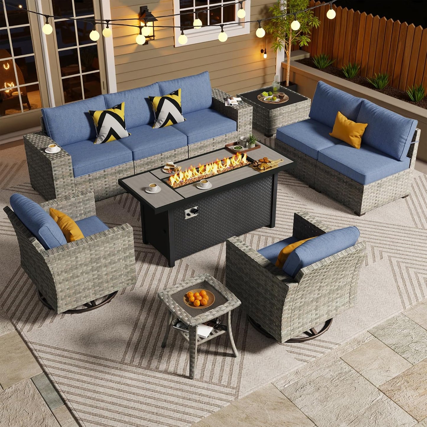 ovios 10 Pieces Patio Furniture Set, Outdoor Wicker Sectional Sofa with 54" Fire Pit Table Swivel Chairs, Modern Modular Deep Seat Rattan Couch Conversation Sets, Denim Blue