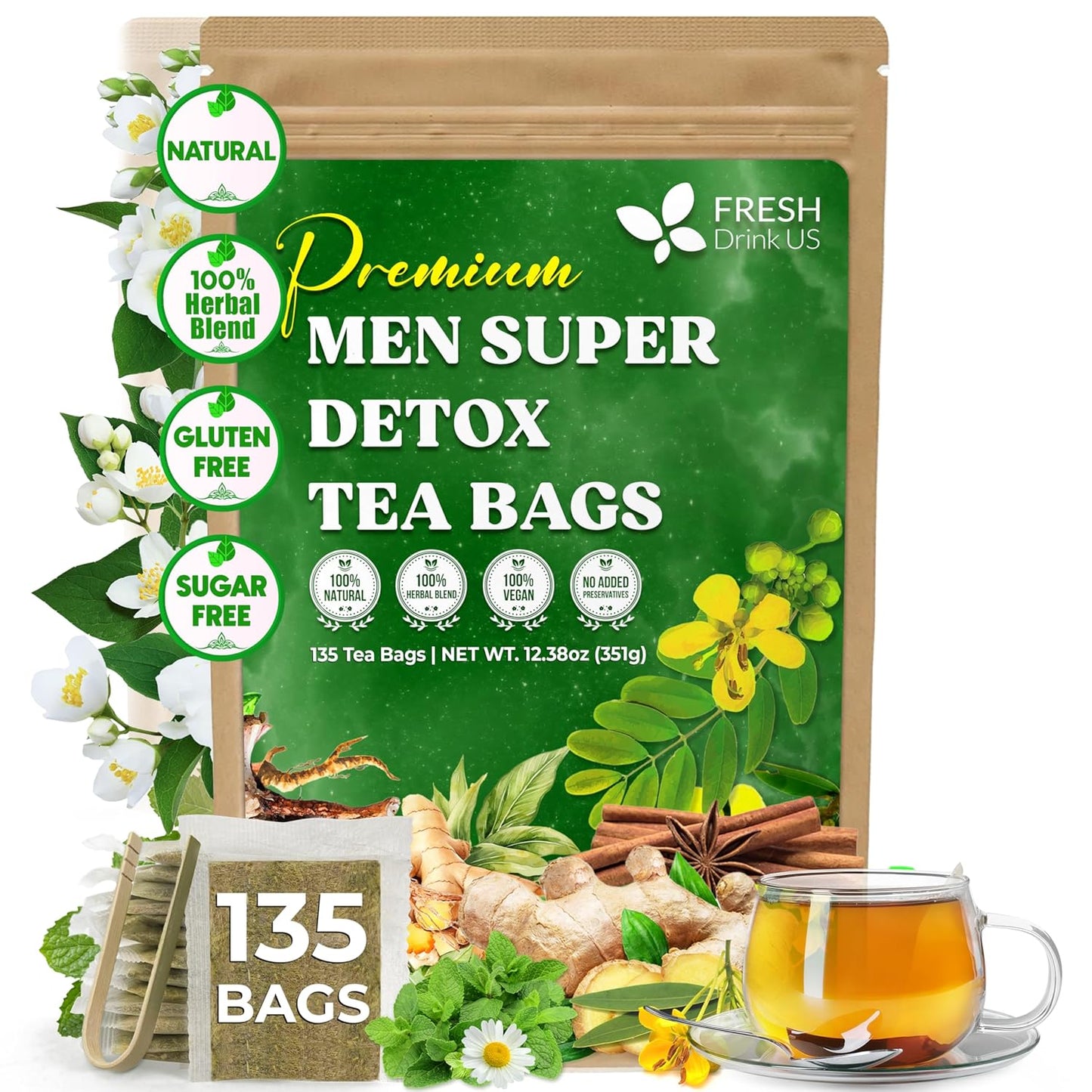 FreshDrinkUS, Premium 135 Tea Bags Men Super Detox Tea – Herbal Blend with Senna, Dandelion Root, Ginger, Peppermint & More – 100% Natural, Sugar-Free. Caffeine-Free. Gluten-Free. Vegan