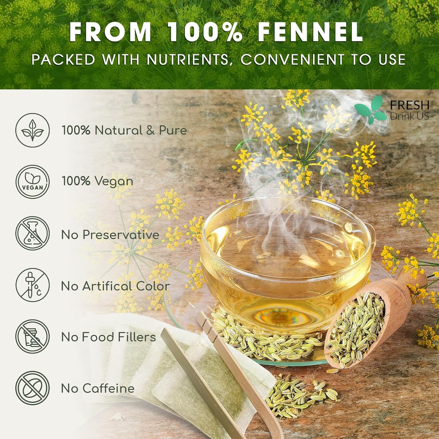 FreshDrinkUS, Premium 135 Fennel Tea Bags, 100% Natural & Pure from Fennel Seeds. Fennel Seed Herbal Tea. Fennel Seed Tea. Made with Natural Material Tea Bags. No Sugar, No Caffeine, No Gluten, Vegan.