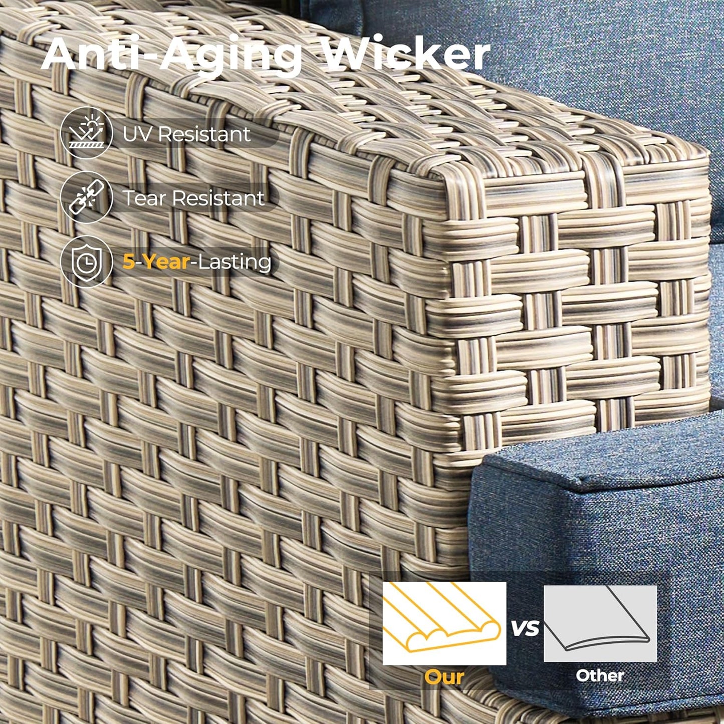 HOOOWOOO Outdoor Sectional Patio Furniture Set,7 Pieces Wicker Conversation Sets,Extra Deep Out Door Sofa Outside Furniture Couch with Ottoman,Denim Blue