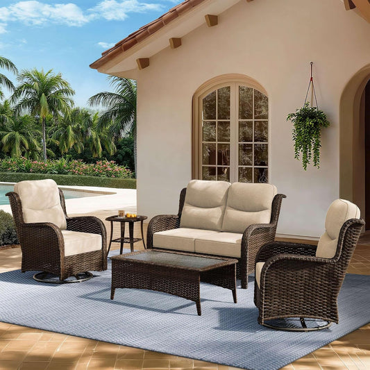 HILLGA Luxury Patio Furniture Set with 6-Inch Thick Cushions, High Back Outdoor Swivel Rocker Chairs and Patio Loveseat, 5-Piece All Weather Conversation Set for Porch Deck Pool Yard, Beige (V3)