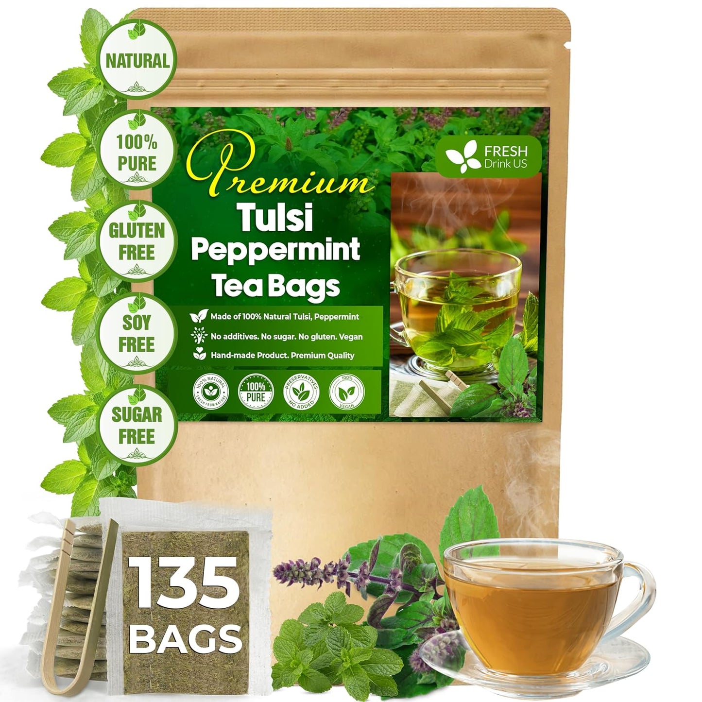 FreshDrinkUS, Premium Tulsi Peppermint Herbal Tea – 135 Tea Bags, 100% Natural, Blend of Tulsi Holy Basil Leaves, and Peppermint Leaves. Made with Natural Material Tea Bags. No Sugar, Vegan.