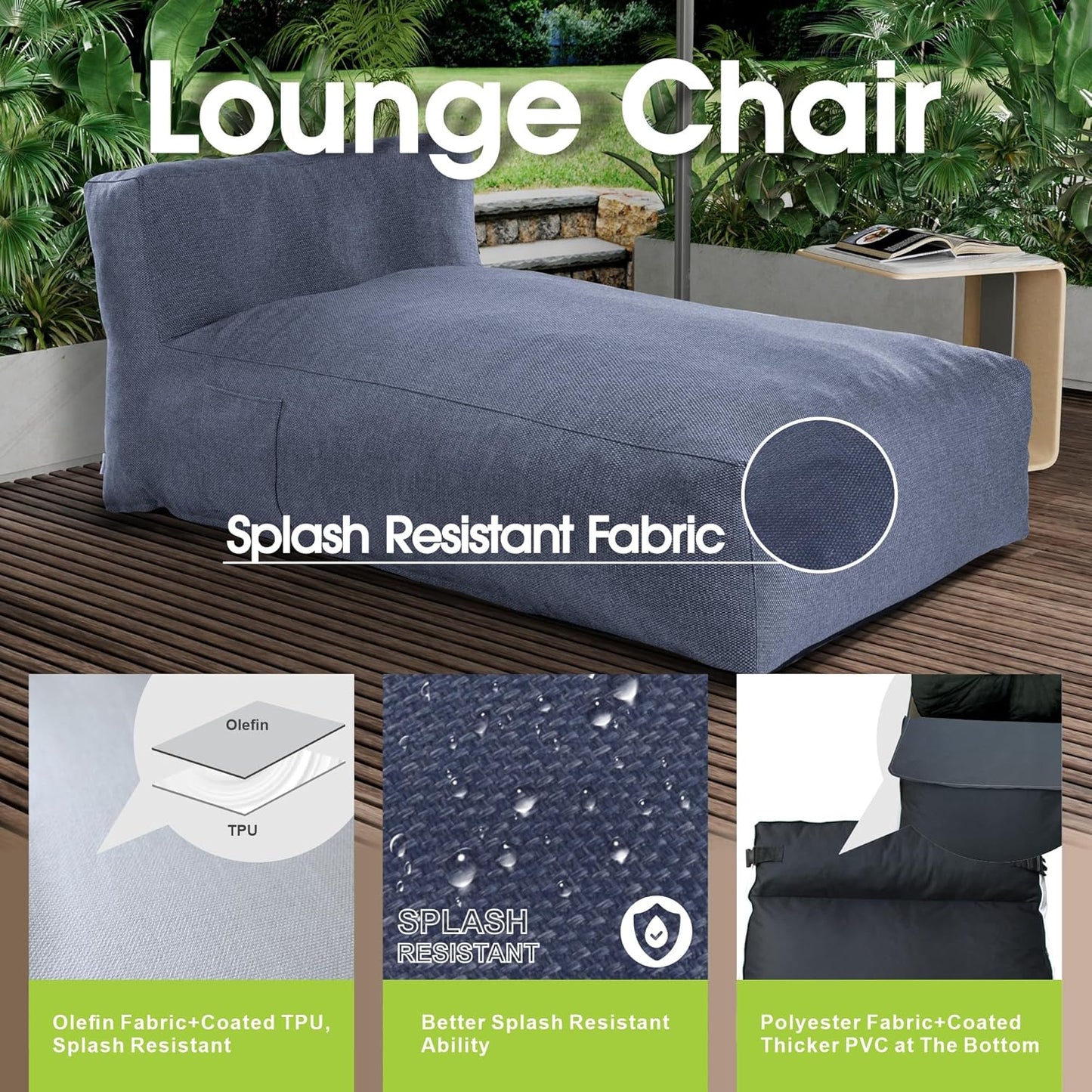 Outdoor Bean Bag Lounger Chair, Big Comfy Outdoor Daybed for Sunbathing and Tanning - Water-Resistant Patio Chaise and Pool Sun Lounger Furniture for Beach Deck (Denim Blue)